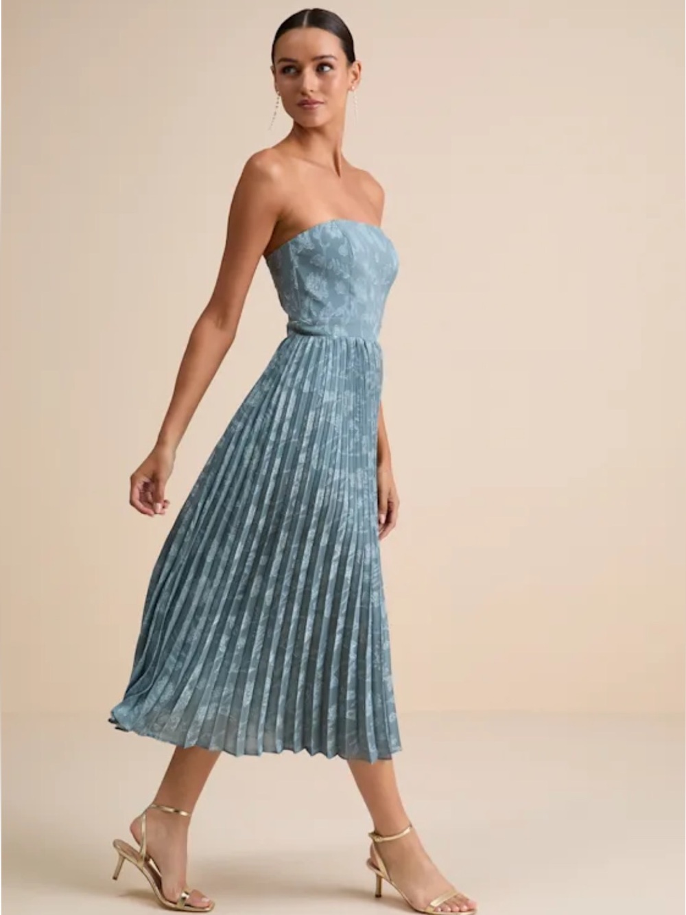 Lulu's Strapless Pleated Midi Dress in Dusty Blue